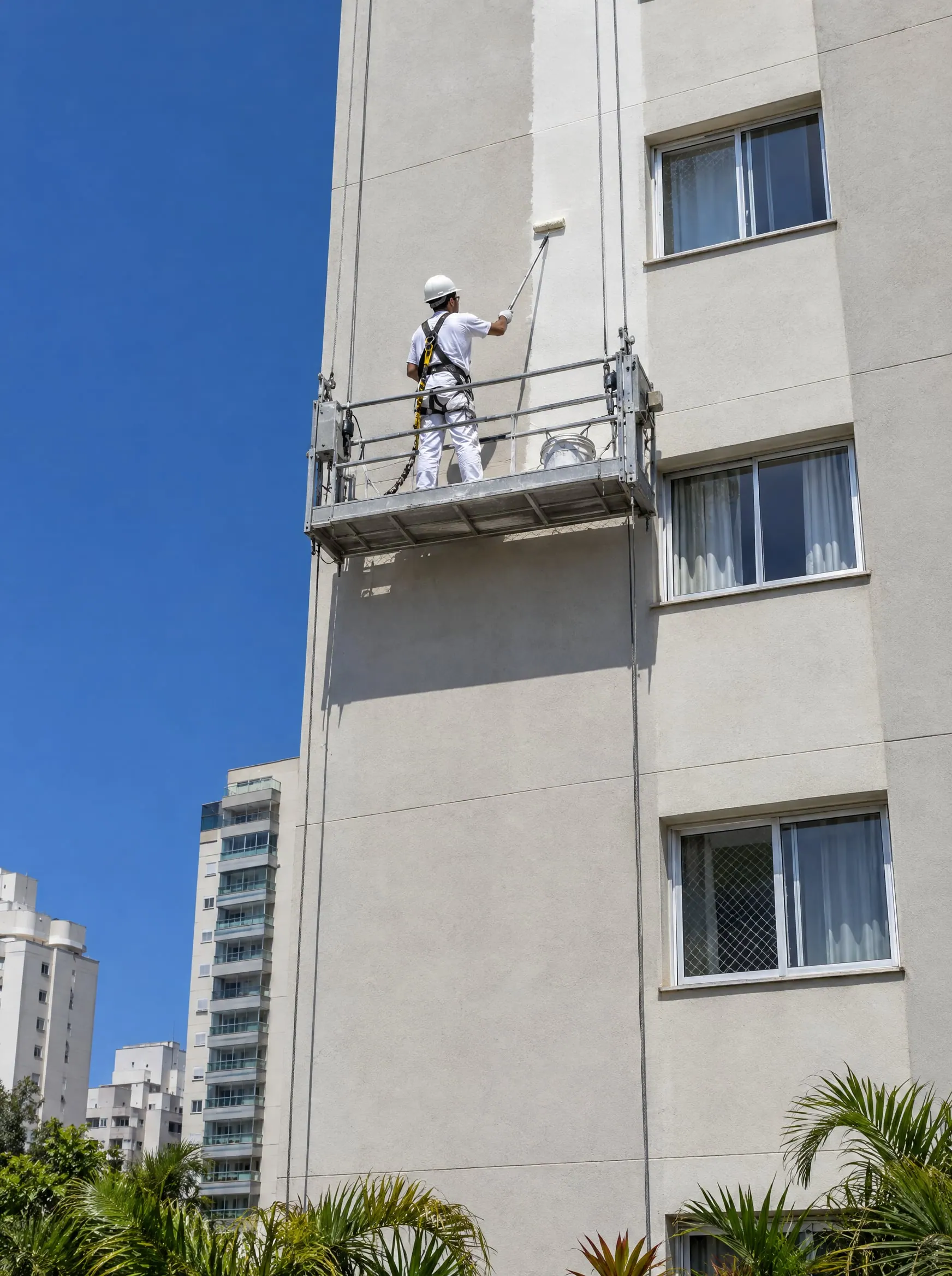 Pintor com capacete e cinto de segurança num balancim, aplicando tinta com rolo na fachada de um prédio
