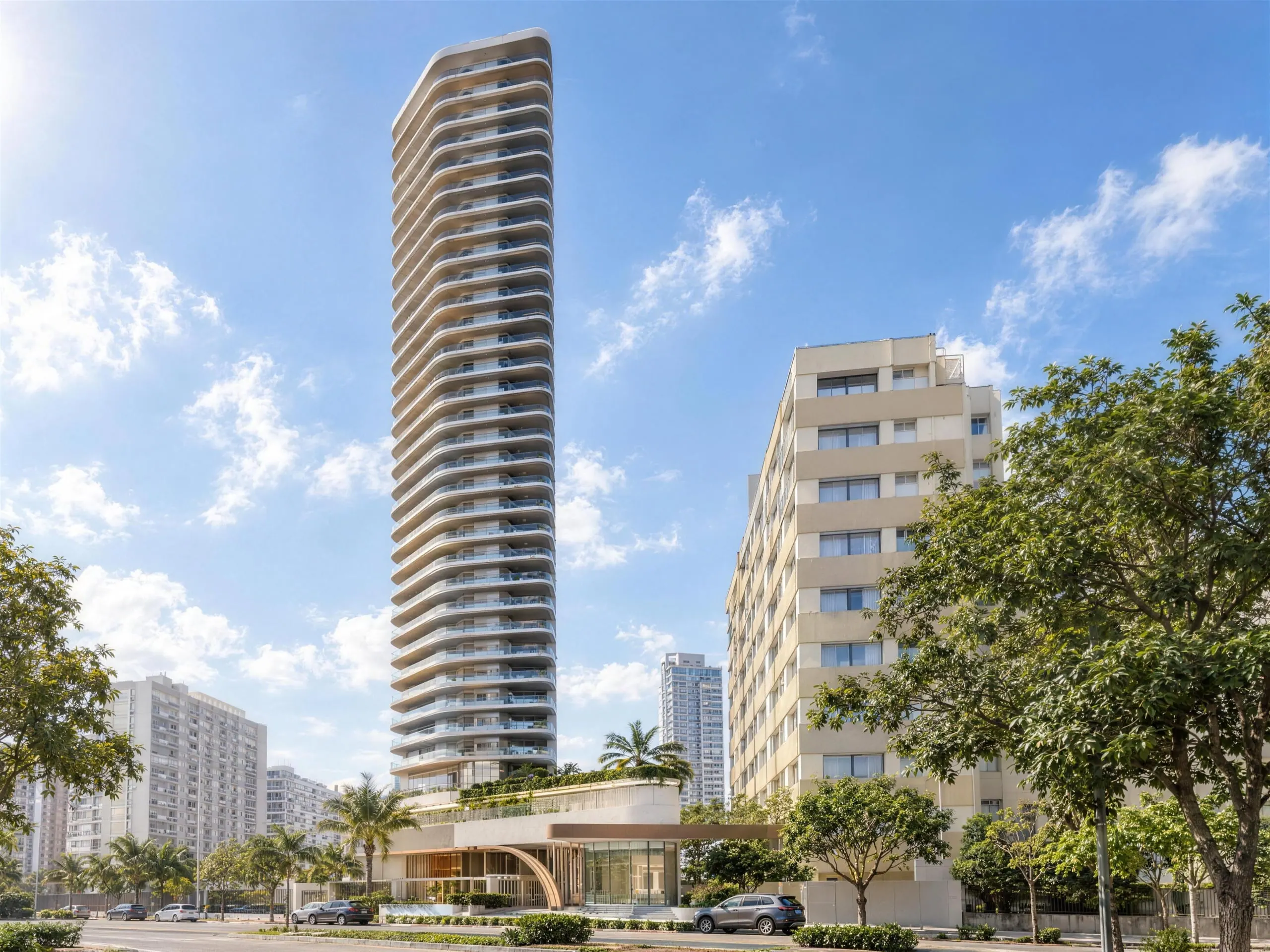 Torre residencial Seven Seas, com sacadas curvas brancas, vista da rua